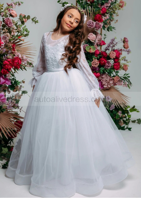 White Eyelash Lace Tulle Long Flower Girl Dress